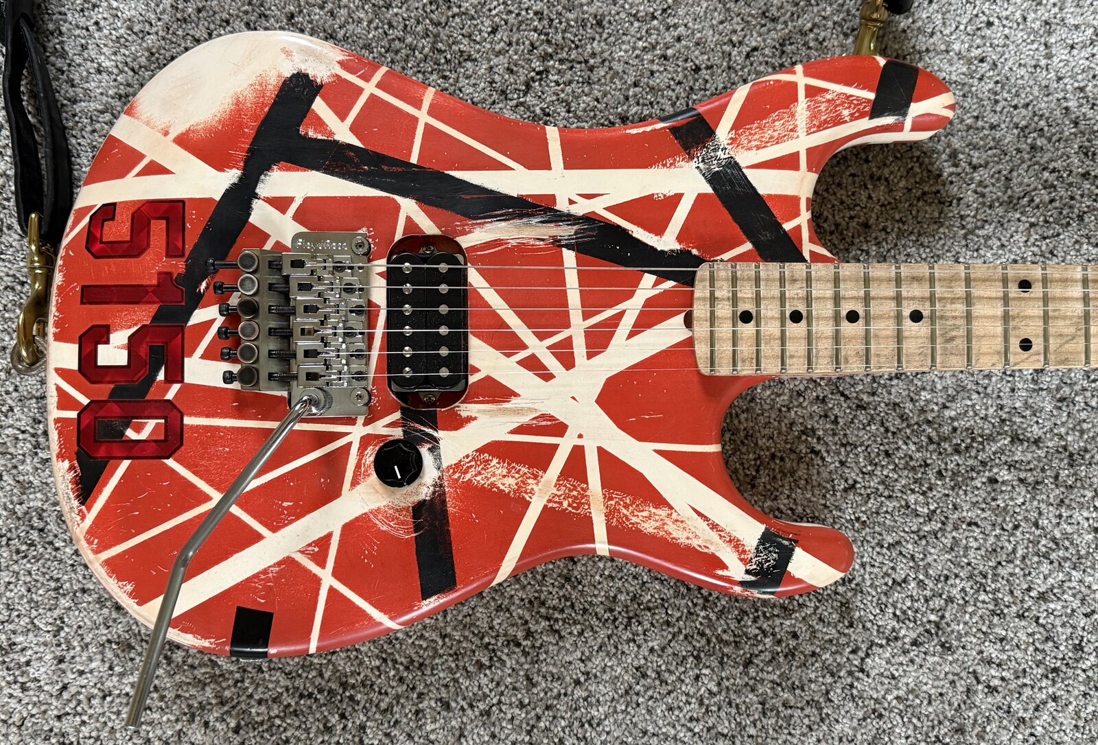 Edward Van Halen 5150 Replica — striped body front, Floyd Rose, DiMarzio Andy Timmons, 5150 graphic