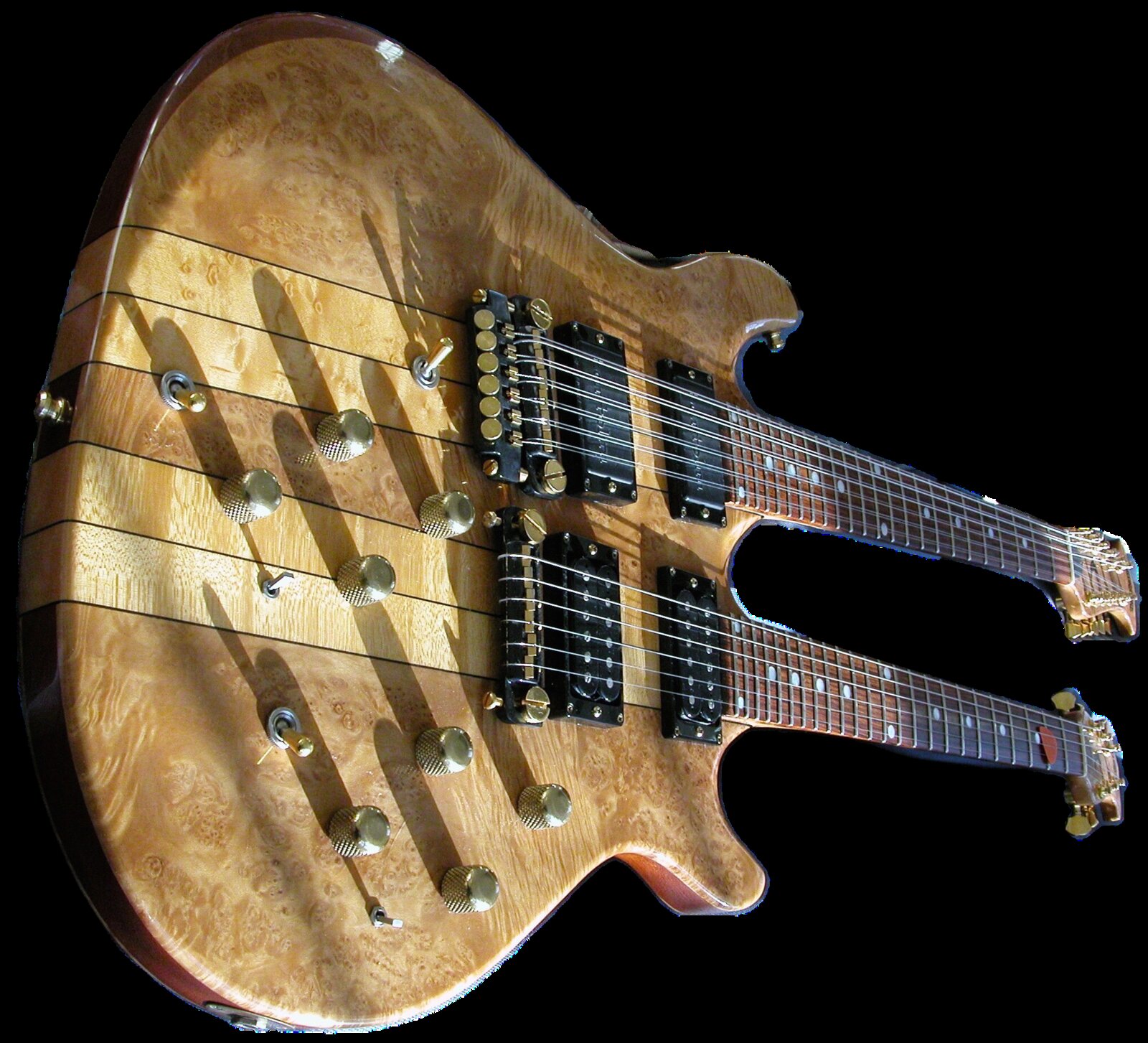 1982 Moonstone Eclipse Doubleneck — body front low angle, 12+6 necks, gold hardware, burl maple top